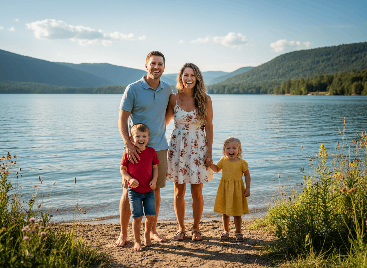 Happy family (parents and two children) smiling brightly by a serene lake with mountains in the background